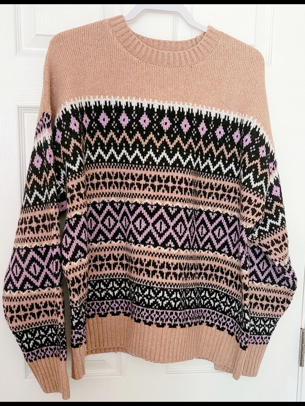 Time and Tru Pink & Black Fair Isle Crewneck Sweater